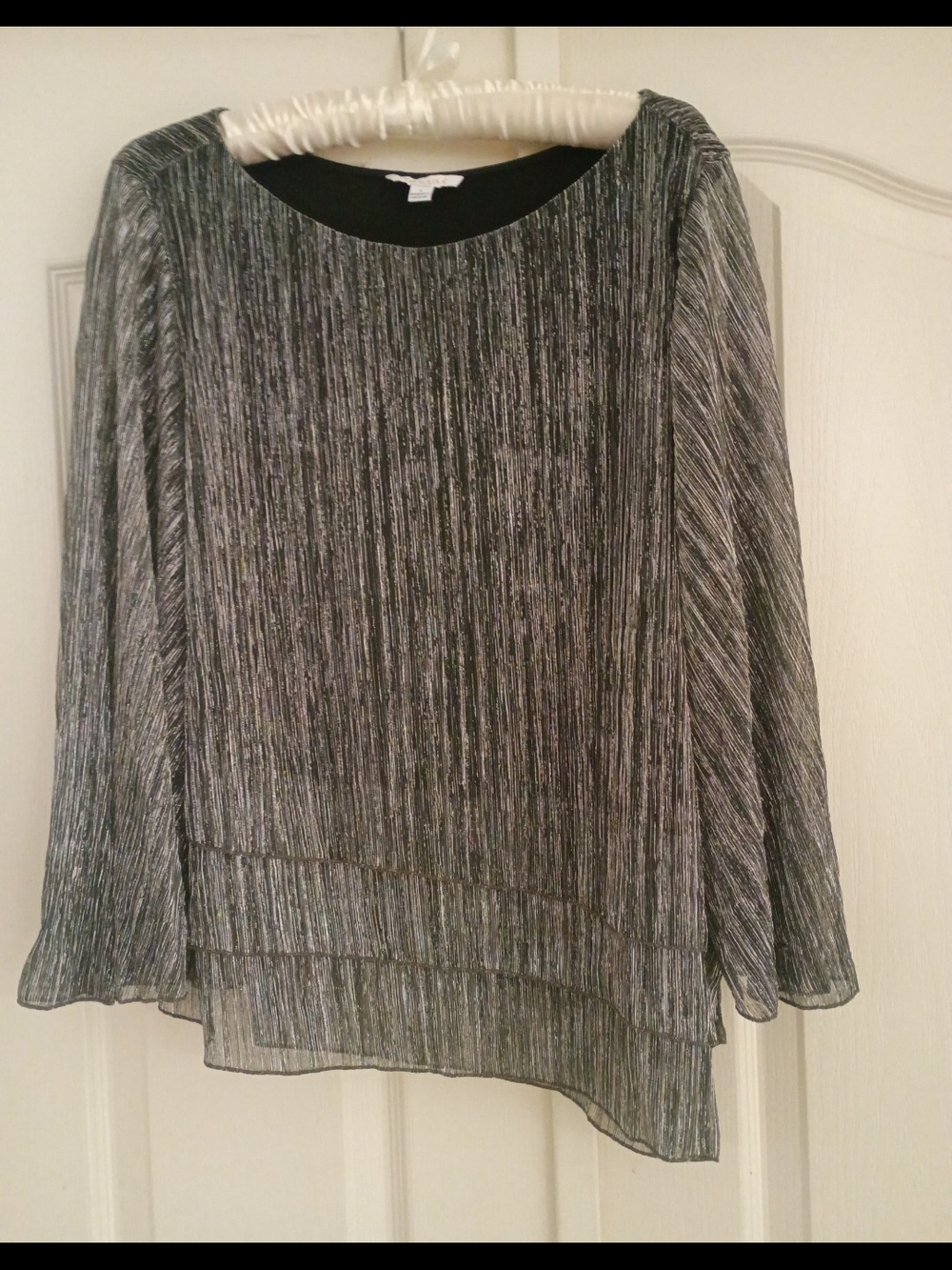Women's Black and Silver Pleated Long-Sleeve Top